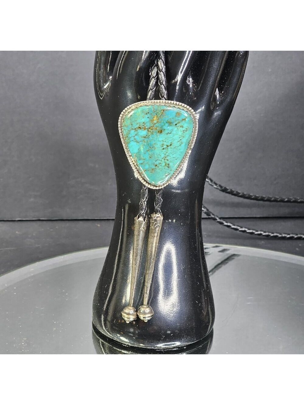 Navajo Turquoise On Silver BOLO Tie Hallmarked K E E with Sterling 925 Tips KEE